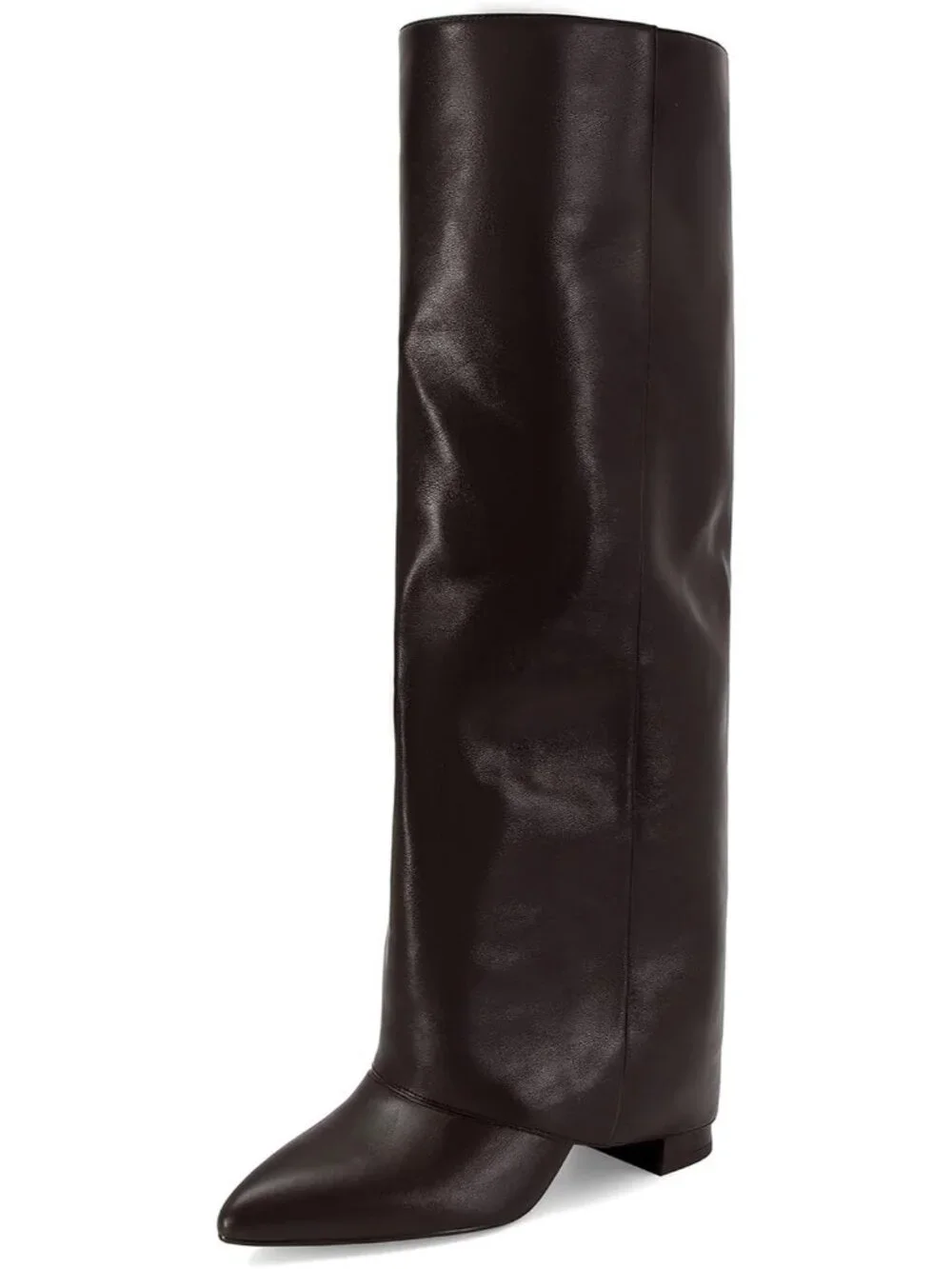 Women's Brown Pointed Toe Faux Leather Chunky Heel Fold Over Knee High Boots